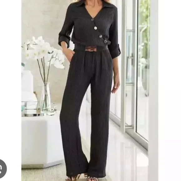 Soft Surroundings Cannes Black Crinkle Gauze Jumpsuit - Picture 8 of 8